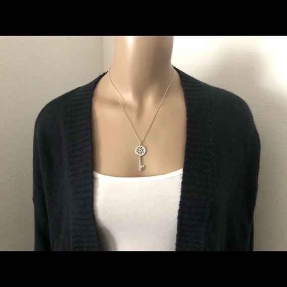 Silver Diamond Flower Key Pendant Necklace - Picture 4 of 5